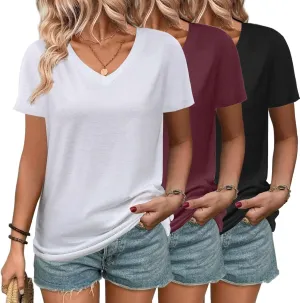 3 Pack Women's T Shirts Short Sleeve Basic Tees, 2025 Spring Summer Clothing V Neck Casual Tops Trendy Outfits