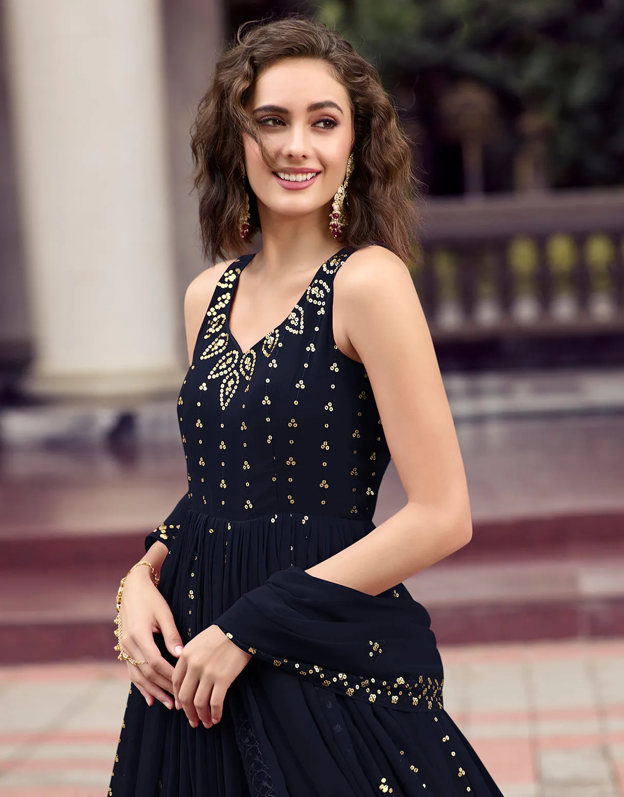 Adorable Navy Blue Color Thread Sequence Work Gown
