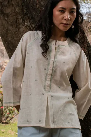 Avani Chikankari Off White Pure Cotton 3Q Sleeve Top