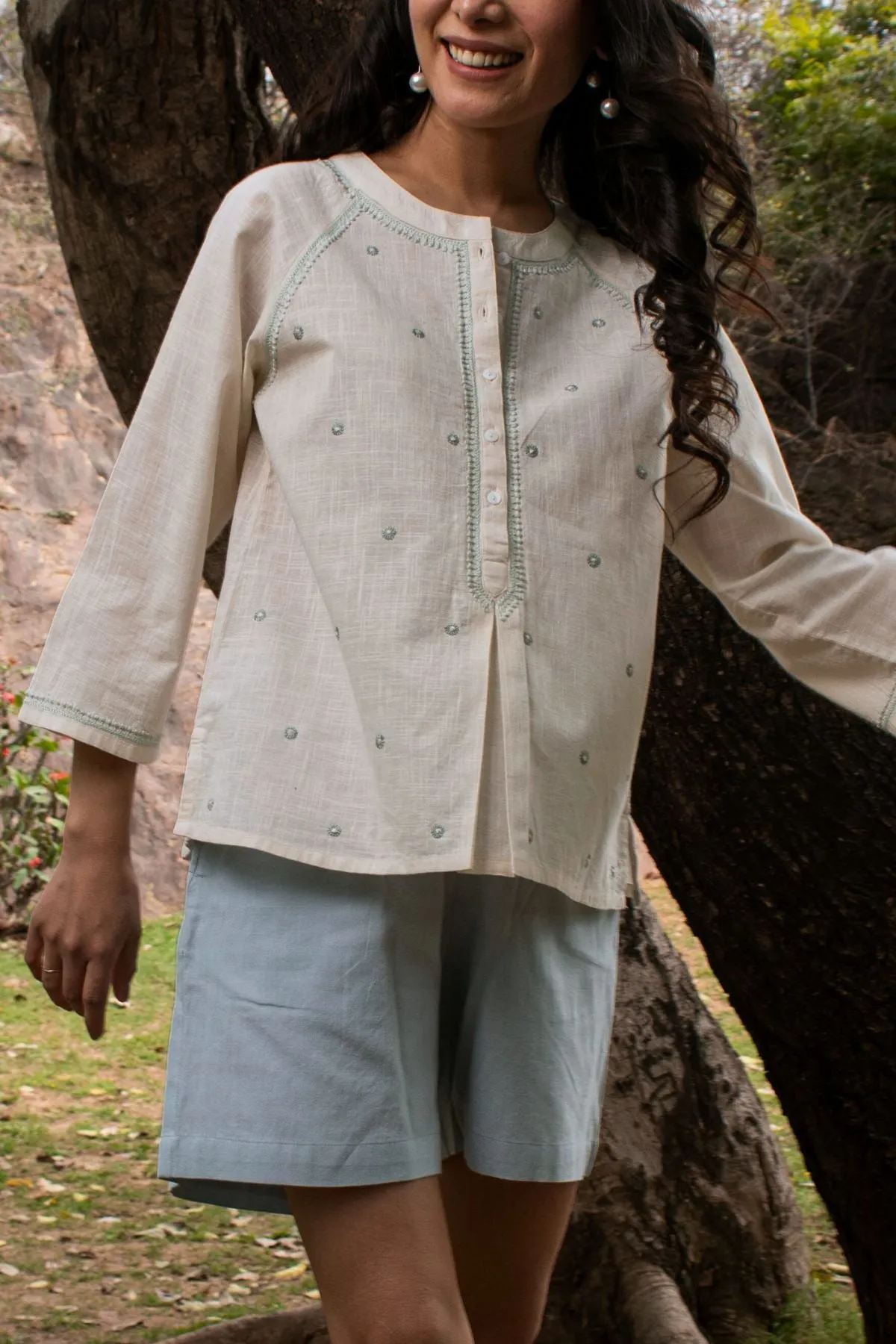 Avani Chikankari Off White Pure Cotton 3Q Sleeve Top