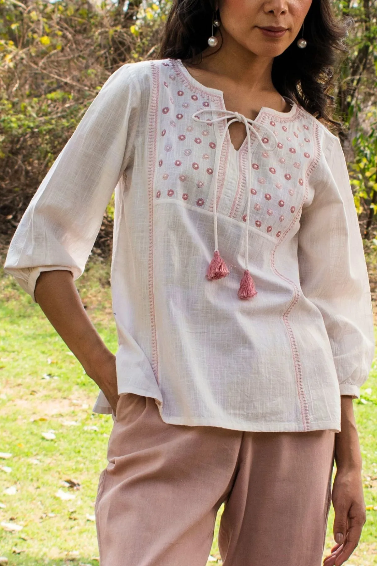 Avani Chikankari Off White Pure Cotton Round Neck Top