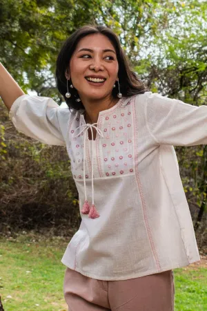 Avani Chikankari Off White Pure Cotton Round Neck Top