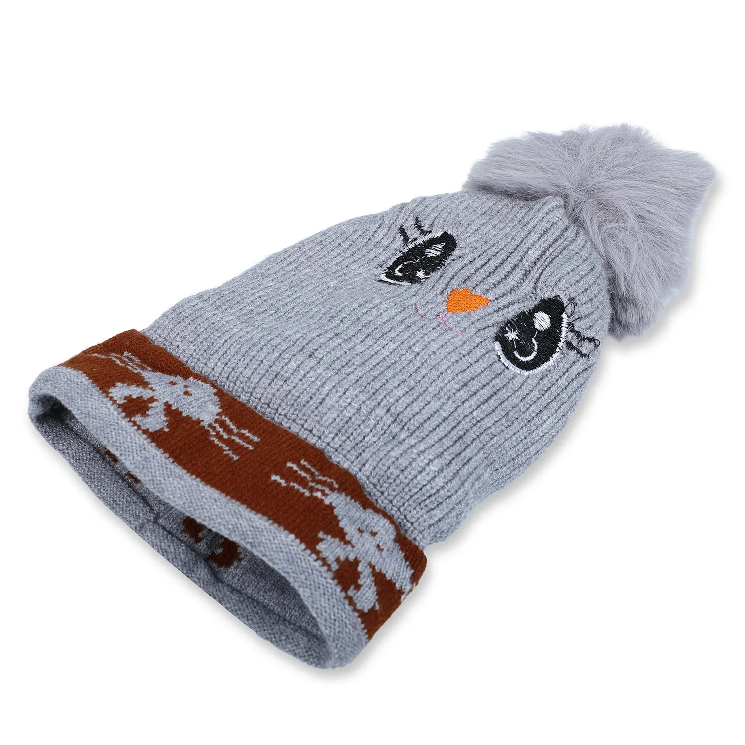 Baby Moo Tweety Eyes Pom Pom Woollen Cap - Grey