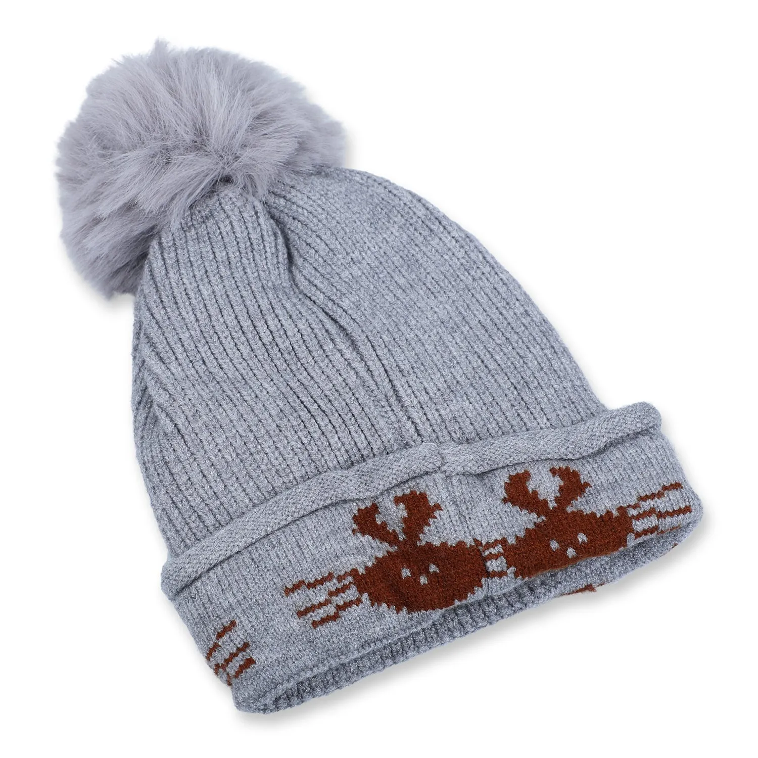 Baby Moo Tweety Eyes Pom Pom Woollen Cap - Grey