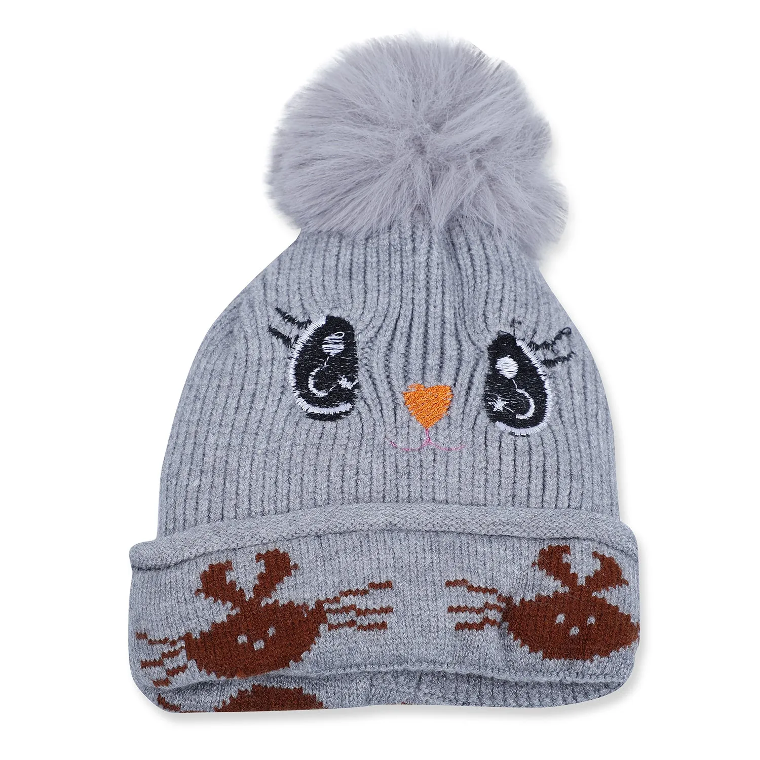 Baby Moo Tweety Eyes Pom Pom Woollen Cap - Grey
