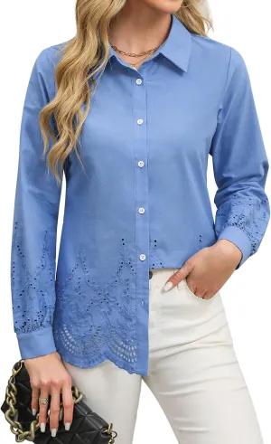 Blooming Jelly Women's Business Casual Tops Button Down Long Sleeve Shirts Collared Embroidered Blouses 2024 Fall Outfits