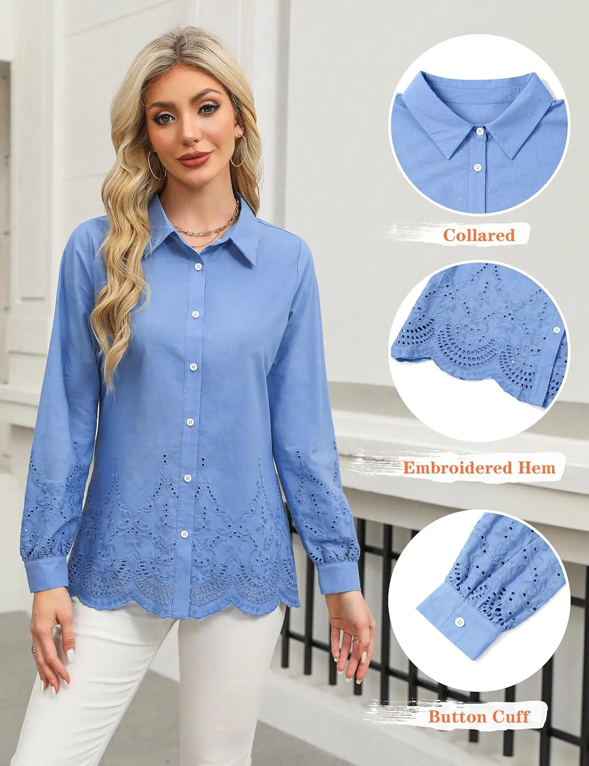 Blooming Jelly Women's Business Casual Tops Button Down Long Sleeve Shirts Collared Embroidered Blouses 2024 Fall Outfits