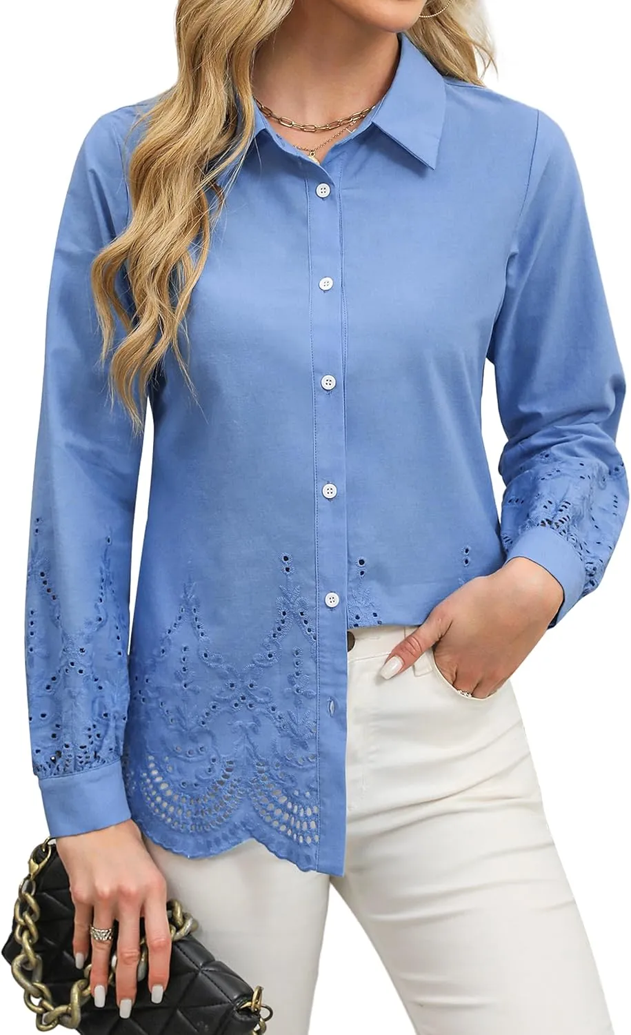 Blooming Jelly Women's Business Casual Tops Button Down Long Sleeve Shirts Collared Embroidered Blouses 2024 Fall Outfits