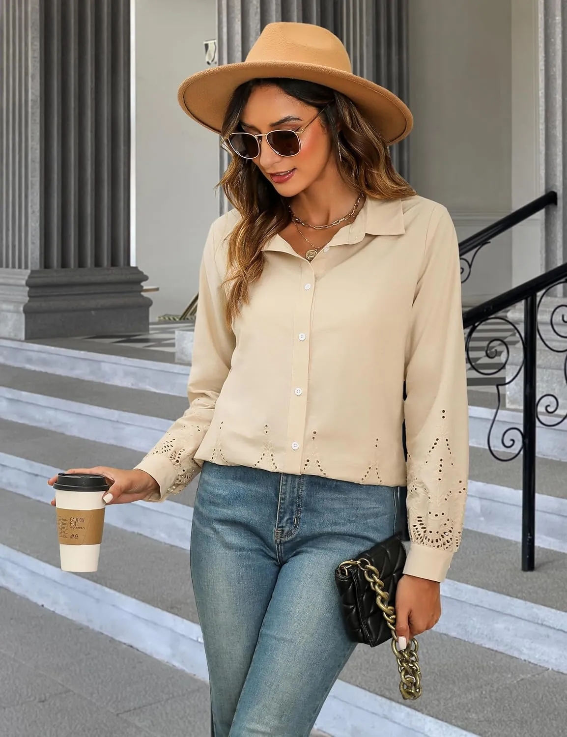 Blooming Jelly Women's Business Casual Tops Button Down Long Sleeve Shirts Collared Embroidered Blouses 2024 Fall Outfits