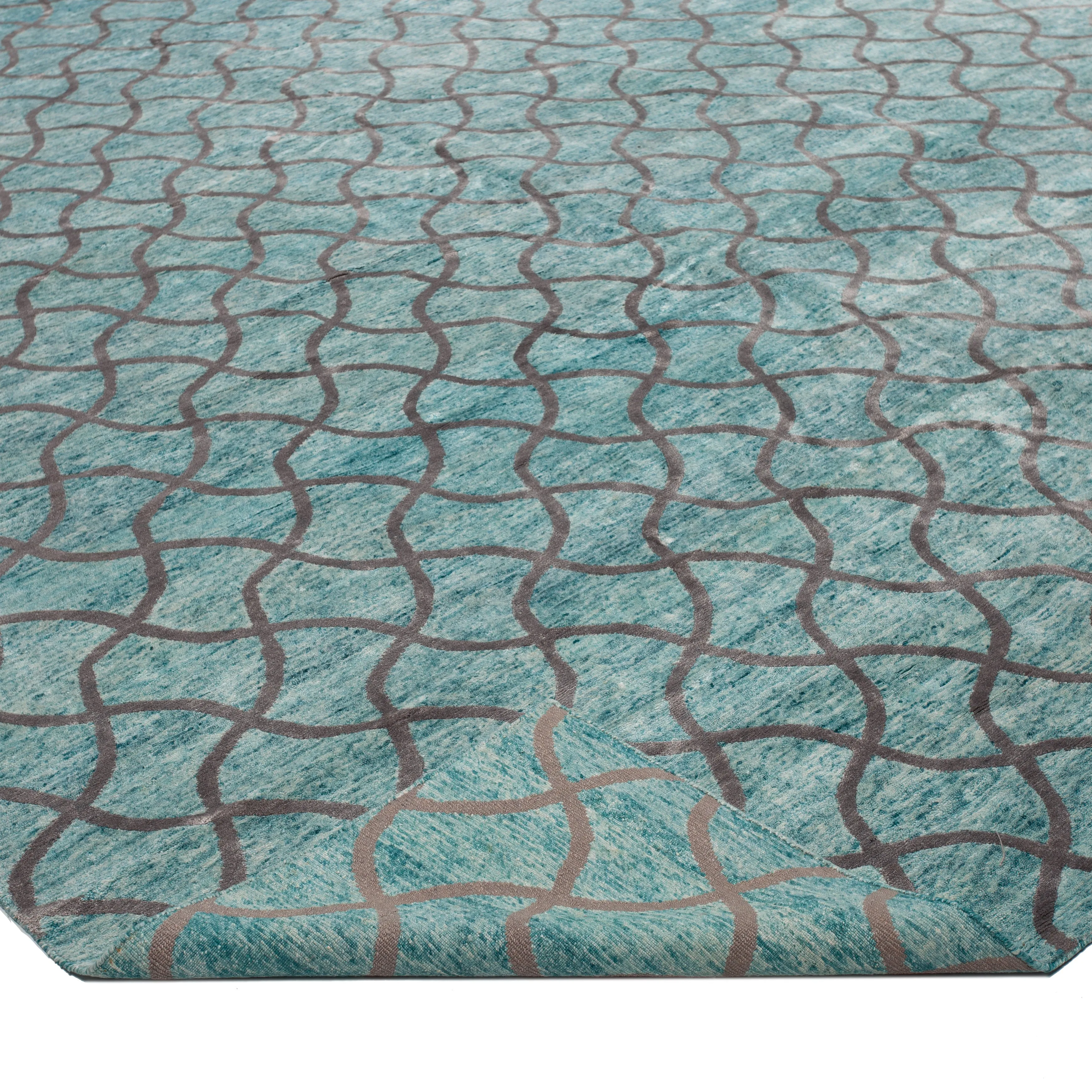 Blue Modern Art Silk Cotton Blend Rug - 11'10" x 14'9"