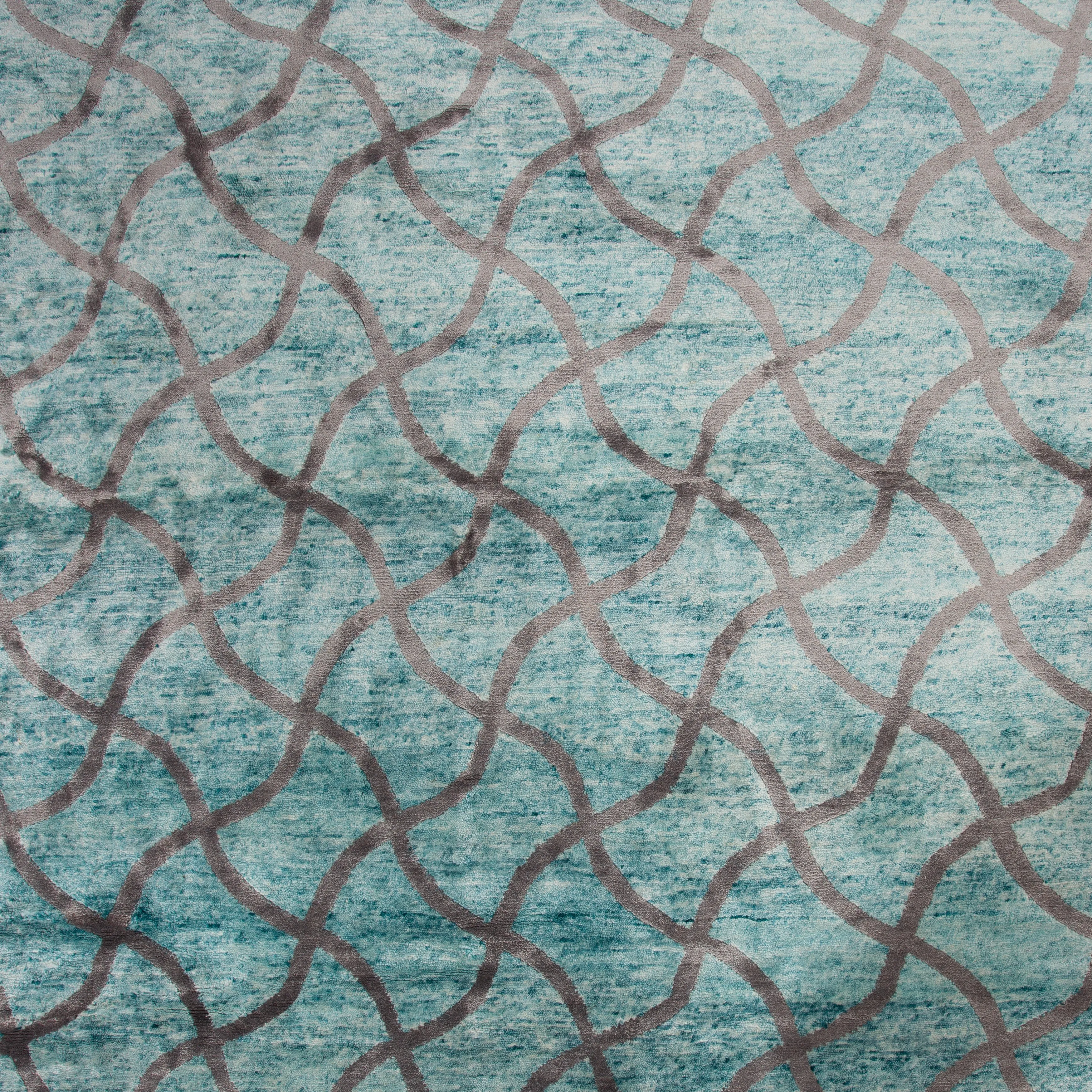 Blue Modern Art Silk Cotton Blend Rug - 11'10" x 14'9"