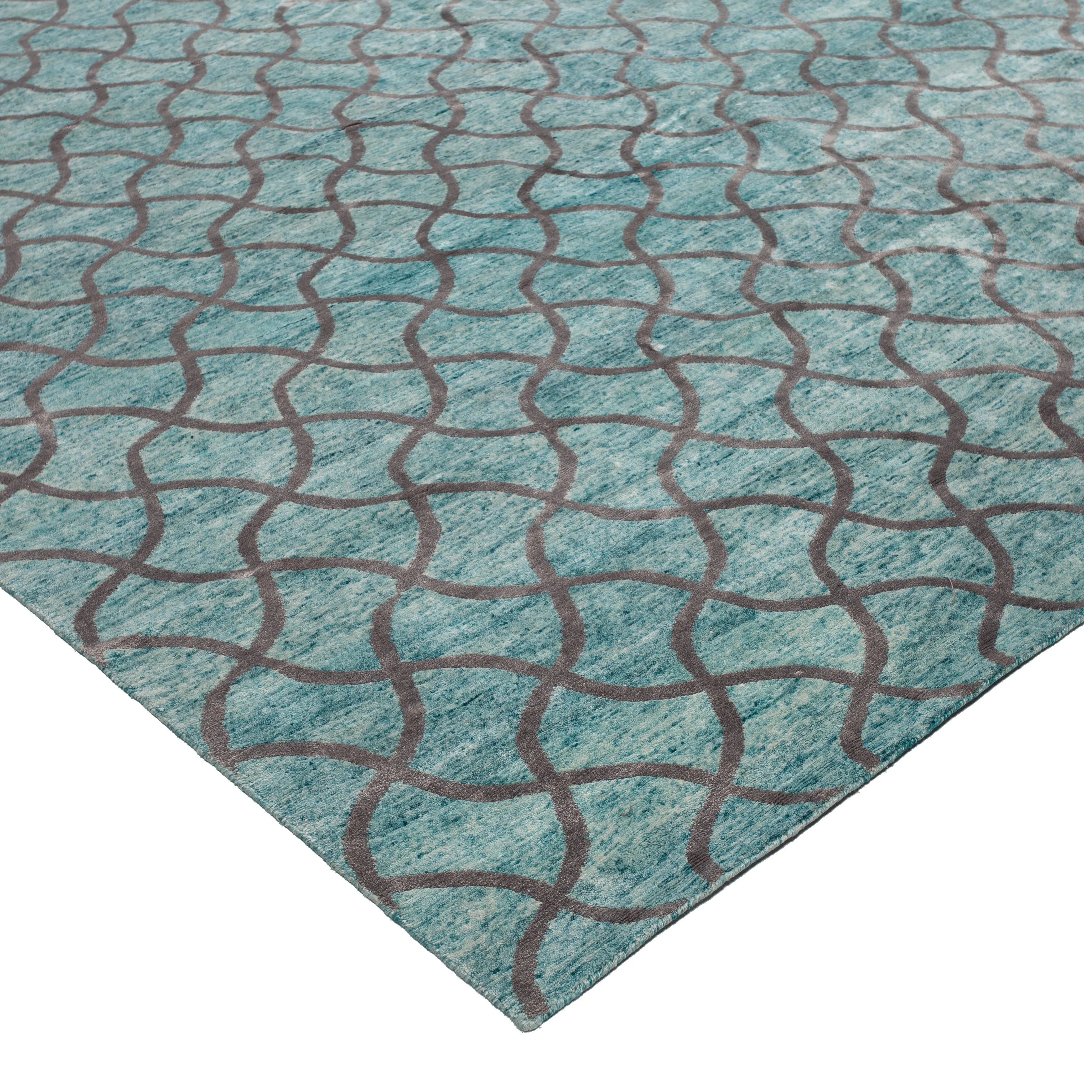 Blue Modern Art Silk Cotton Blend Rug - 11'10" x 14'9"