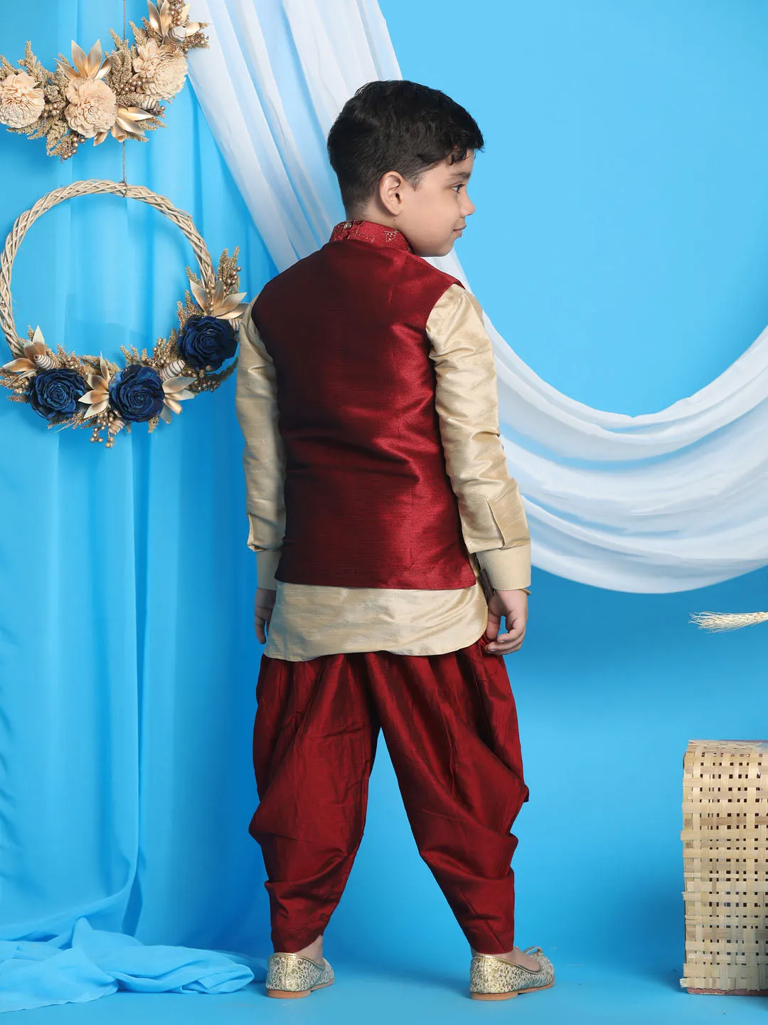 Boy's Maroon And Gold Jacket, Kurta And Dhoti Set - Vastramay Boys