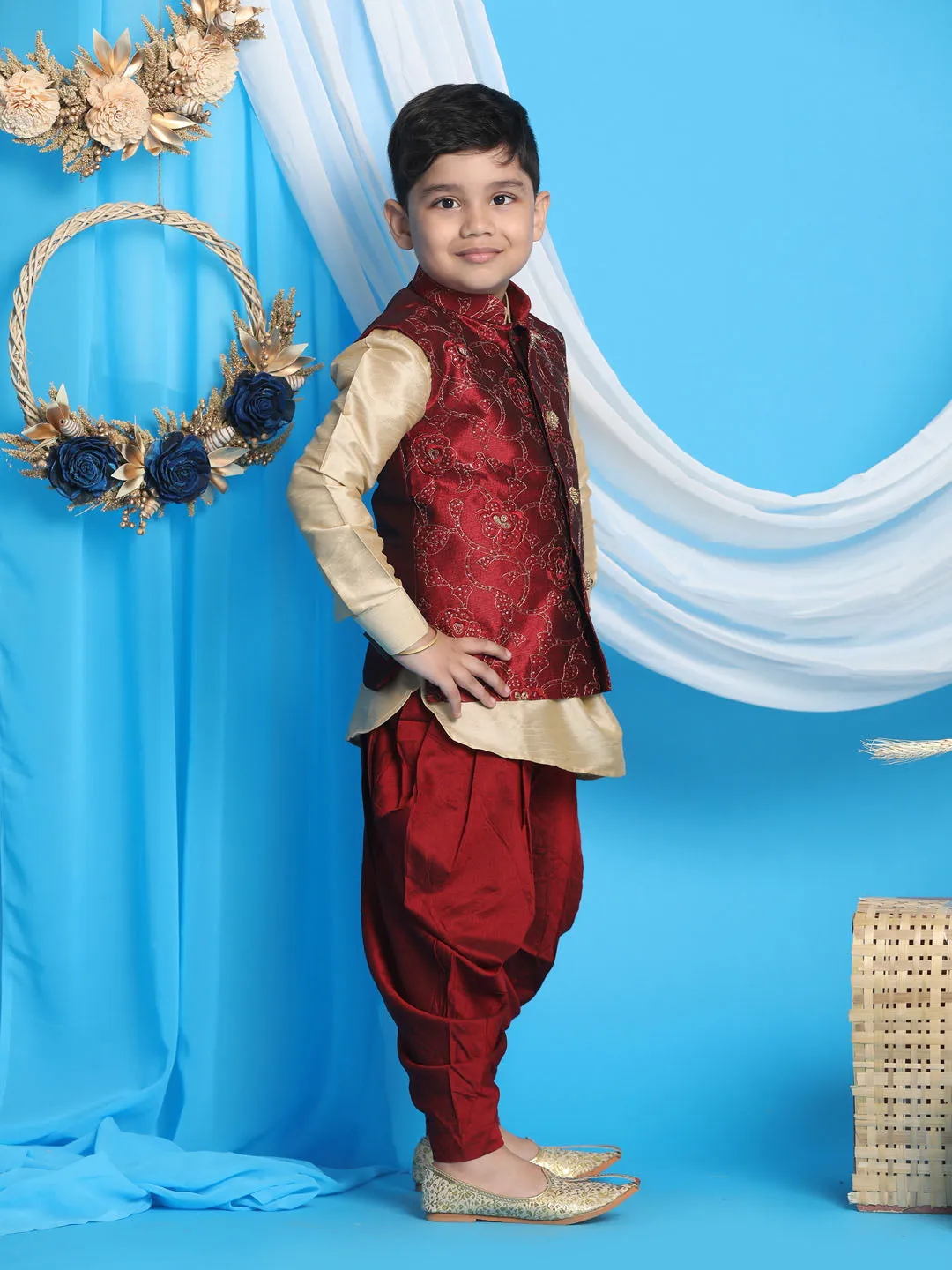 Boy's Maroon And Gold Jacket, Kurta And Dhoti Set - Vastramay Boys