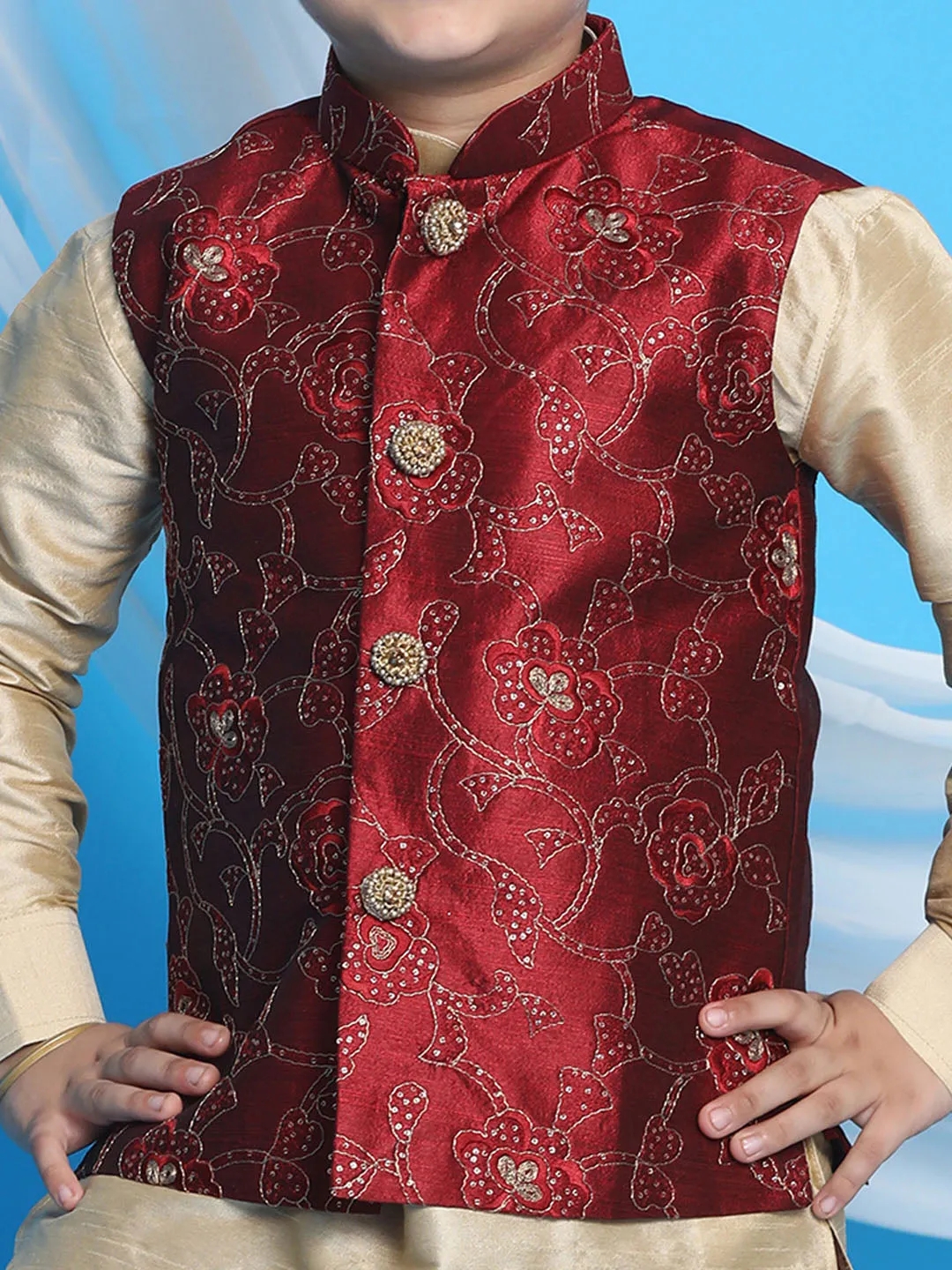 Boy's Maroon And Gold Jacket, Kurta And Dhoti Set - Vastramay Boys