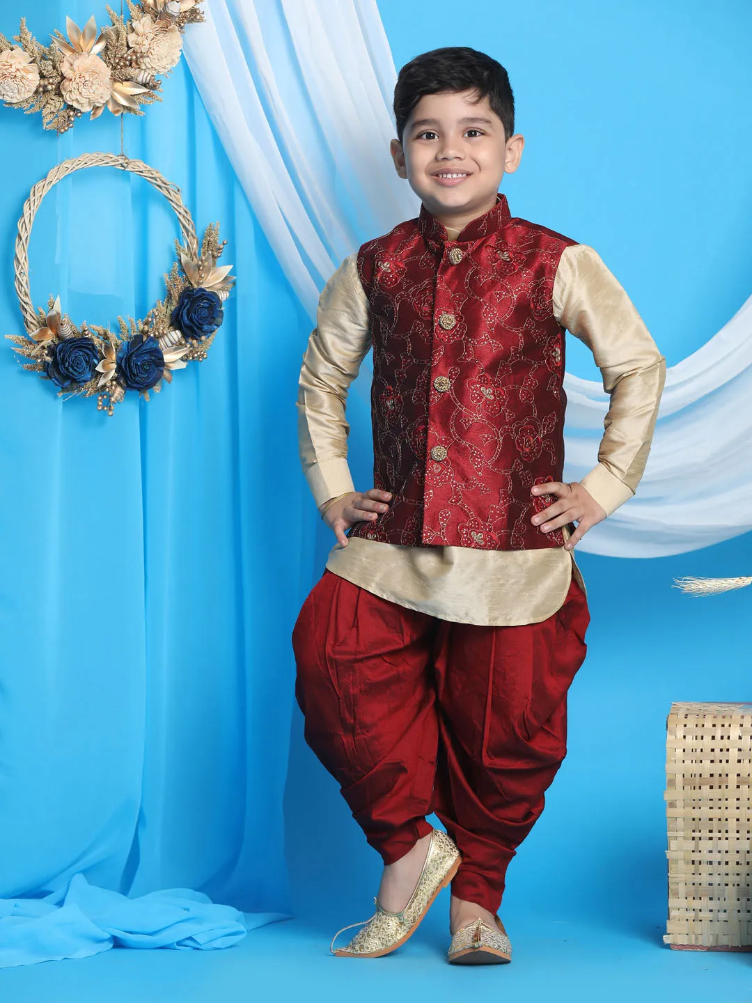 Boy's Maroon And Gold Jacket, Kurta And Dhoti Set - Vastramay Boys