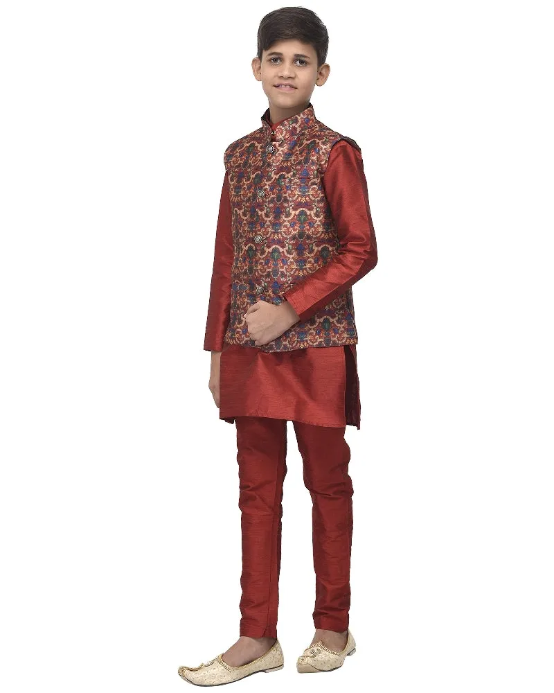 Boy's Maroon Kurta Pyjama & Maroon Bandhani Printed Nehrujacket - Benstoke KIDS