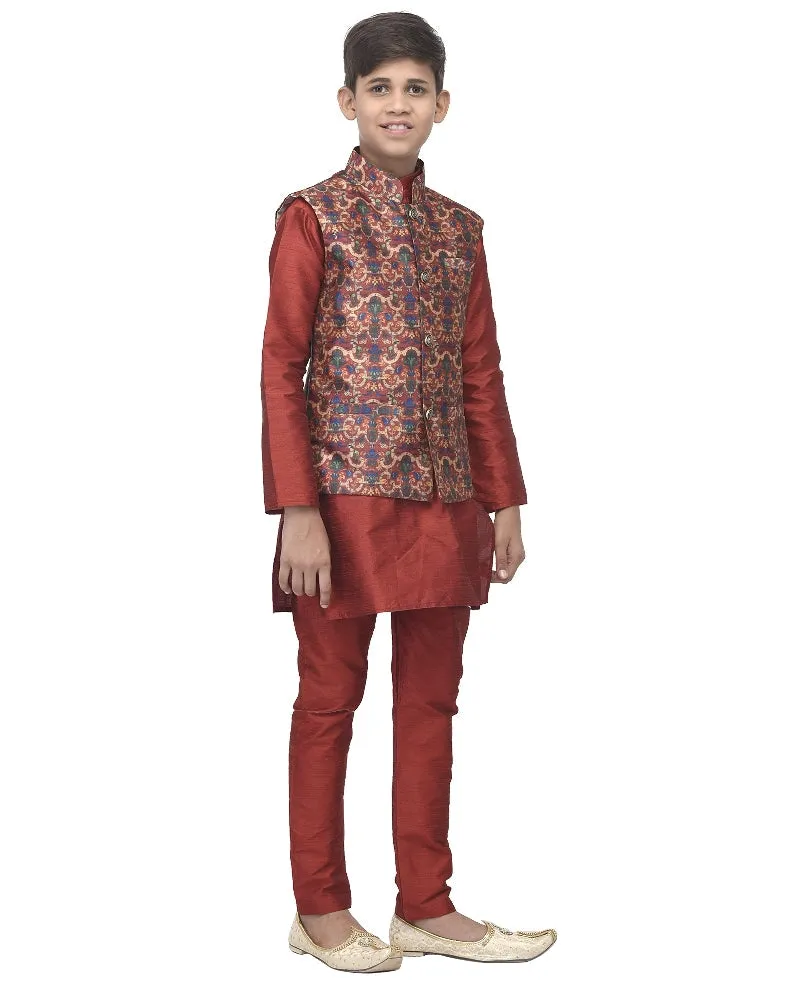 Boy's Maroon Kurta Pyjama & Maroon Bandhani Printed Nehrujacket - Benstoke KIDS