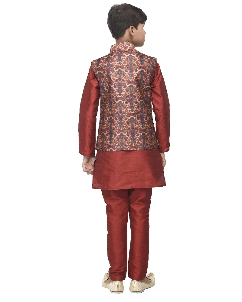 Boy's Maroon Kurta Pyjama & Maroon Bandhani Printed Nehrujacket - Benstoke KIDS