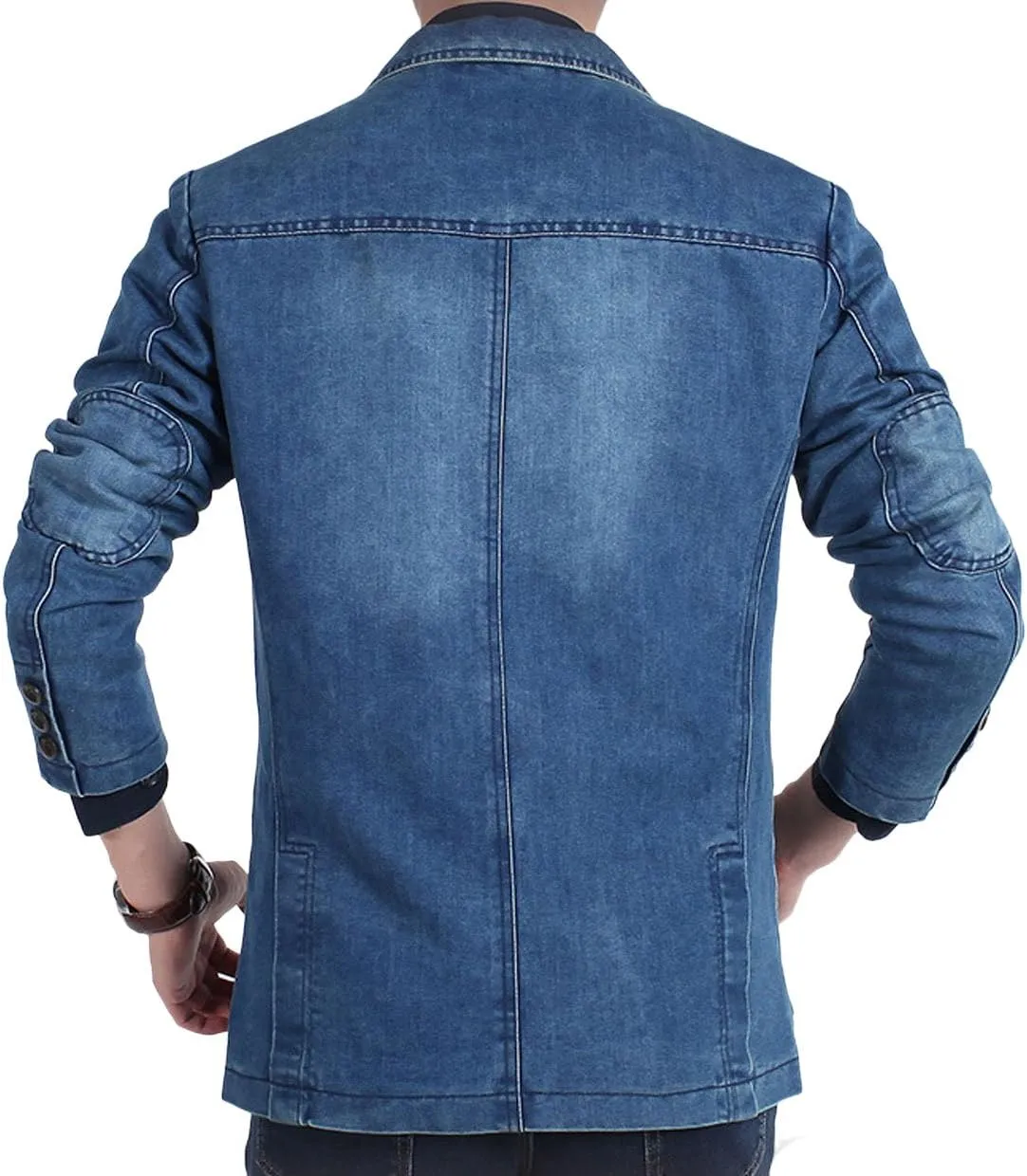 chouyatou Men's Classic Notched Collar 3 Button Tailoring Distressed Denim Blazer Jacket