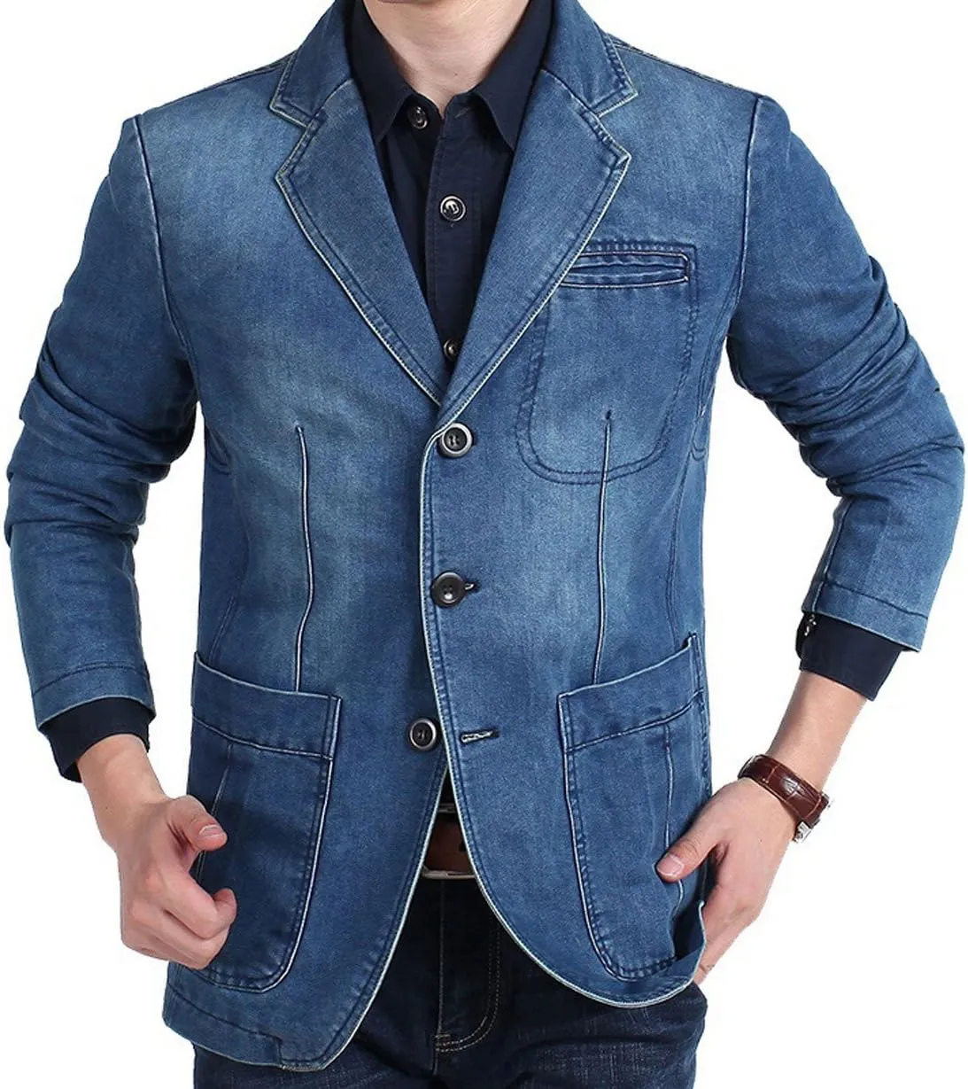 chouyatou Men's Classic Notched Collar 3 Button Tailoring Distressed Denim Blazer Jacket
