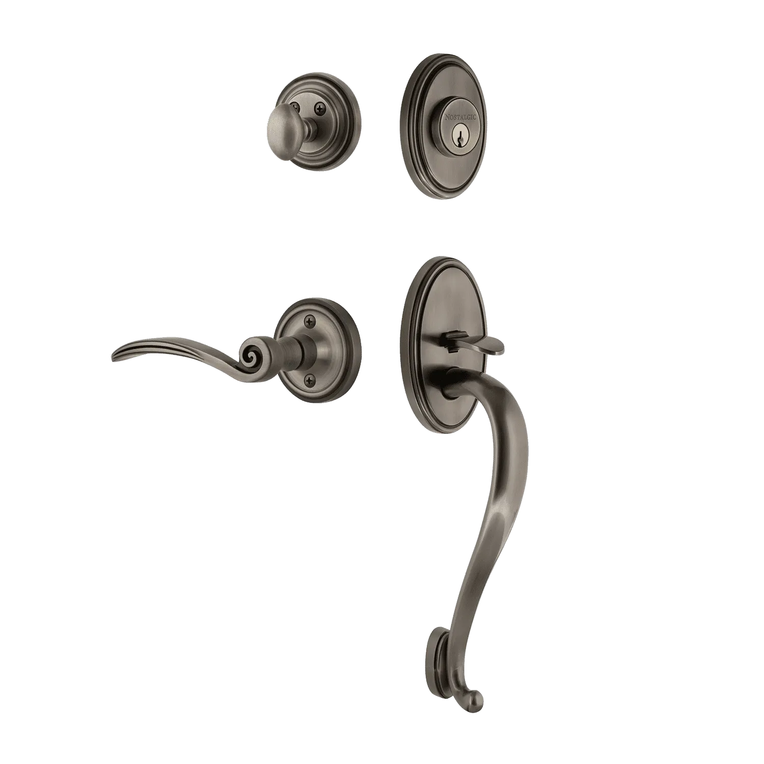 Classic Handleset with S-Grip and Classic Rosette with Swan Lever in Antique Pewter