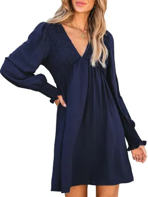 CUPSHE Women's Mini Dress Smocked V Neck Long Sleeve Empire Waist Casual A Line Dress