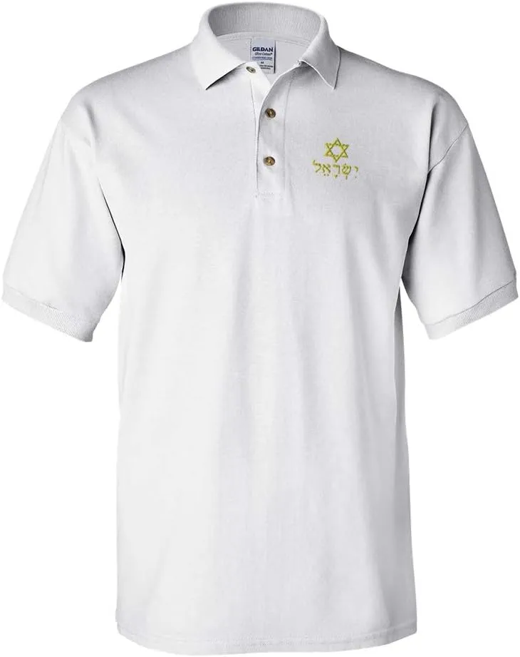Custom Polo Shirts for Men Hebrew Israel Star of David B Embroidery Cotton Short Sleeves Golf Tees White Design Only Large