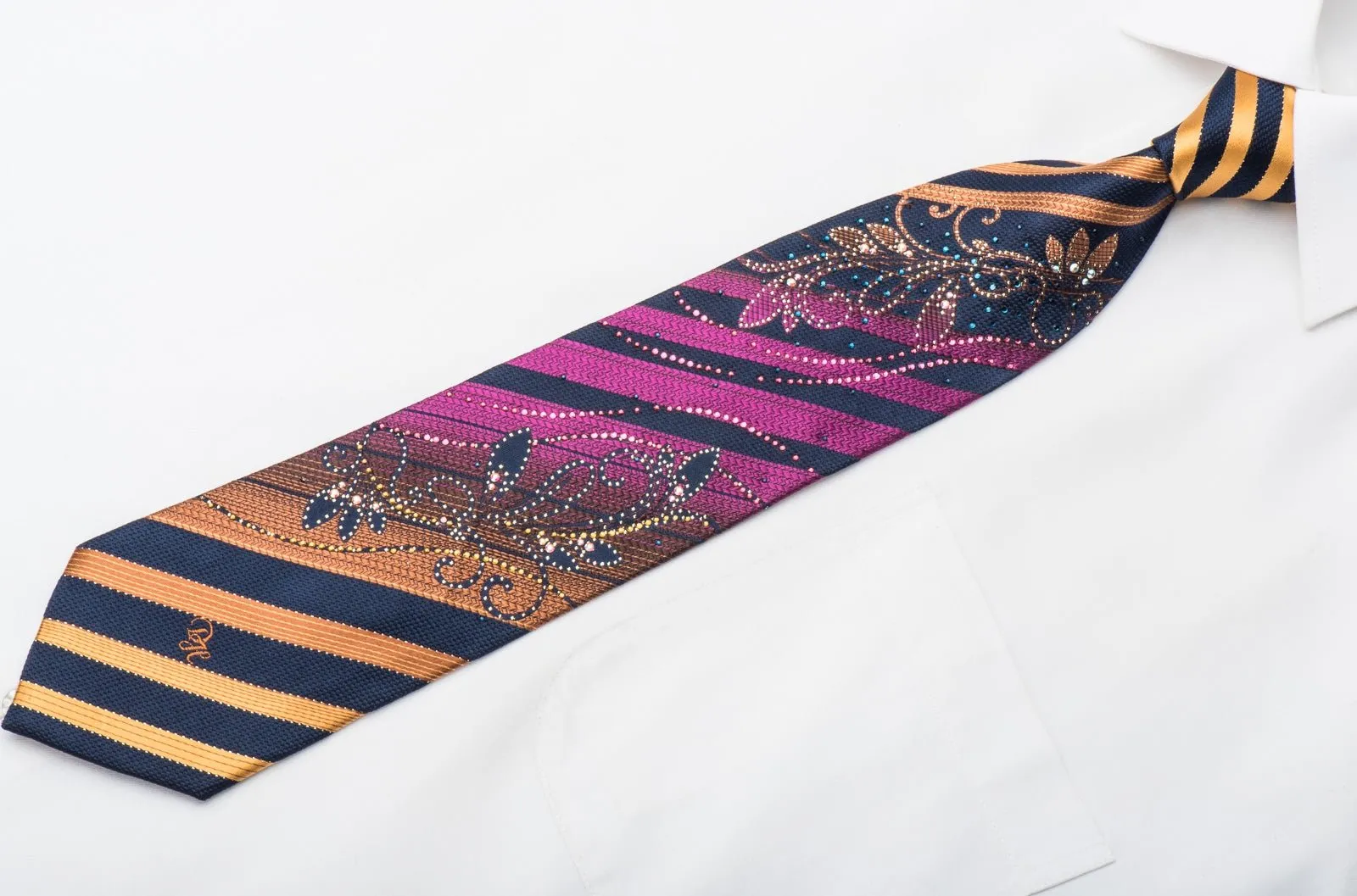 Daniel Hechter Rhinestone Tie Floral Scrolls On Orange Purple Striped With Sparkles