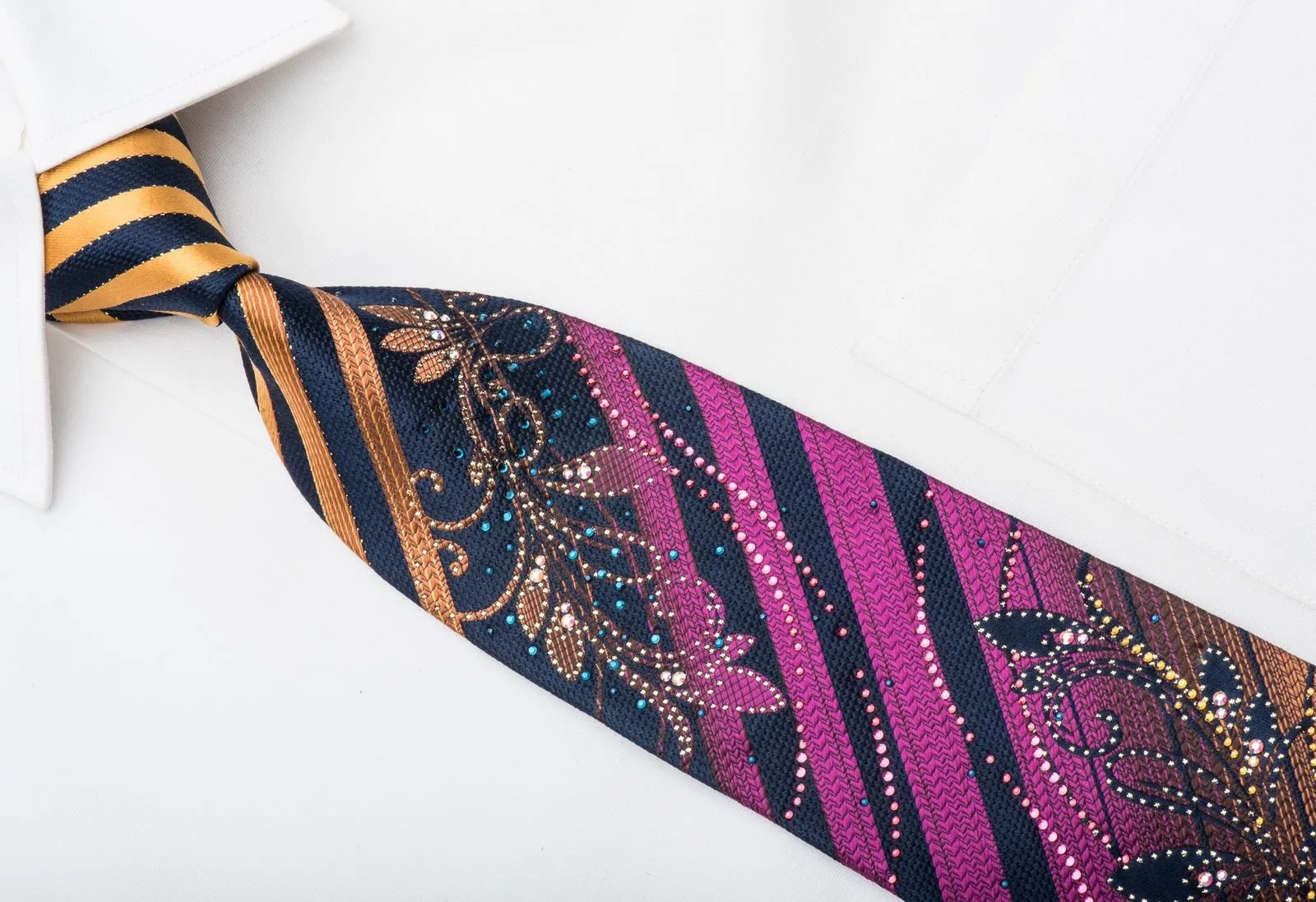 Daniel Hechter Rhinestone Tie Floral Scrolls On Orange Purple Striped With Sparkles