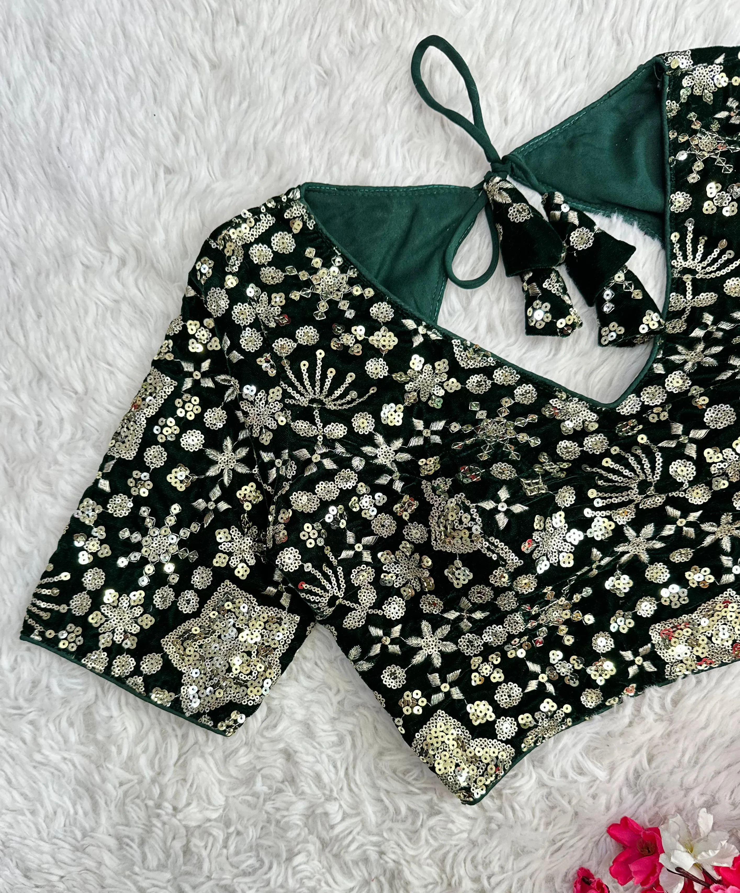 Dark Green Golden Embroidered Velvet Blouse with Sequins
