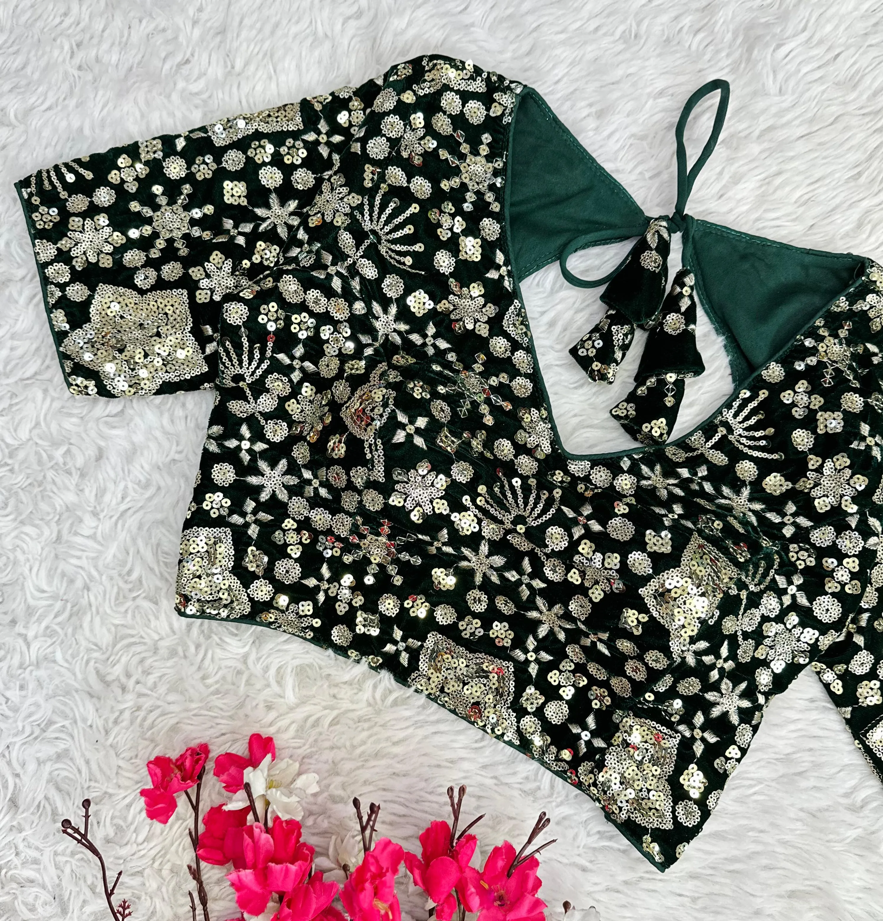 Dark Green Golden Embroidered Velvet Blouse with Sequins