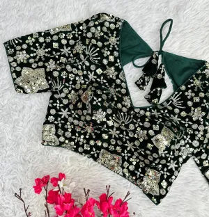 Dark Green Golden Embroidered Velvet Blouse with Sequins