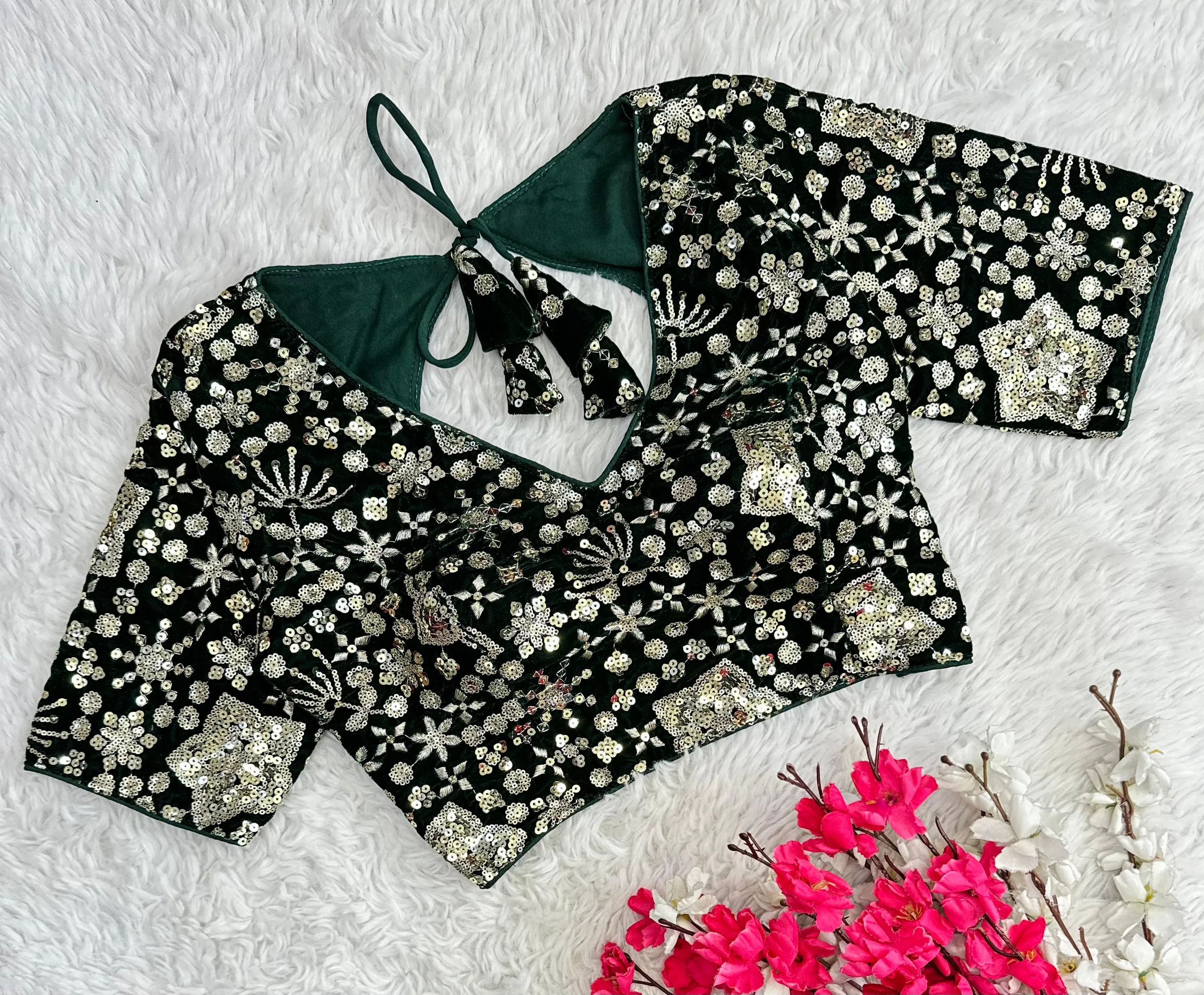 Dark Green Golden Embroidered Velvet Blouse with Sequins