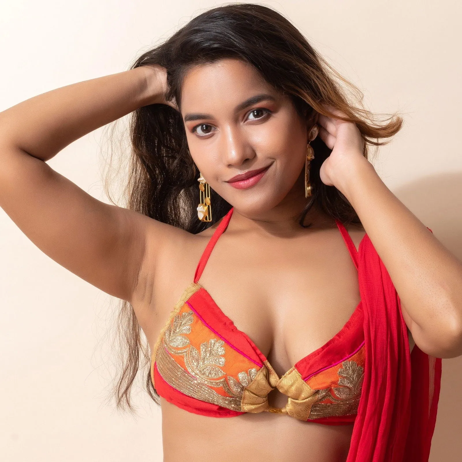 Designer Hand Embroidered Zardousi Work Fabric Backless Halter Neck Bikini Top Blouse - Non Padded