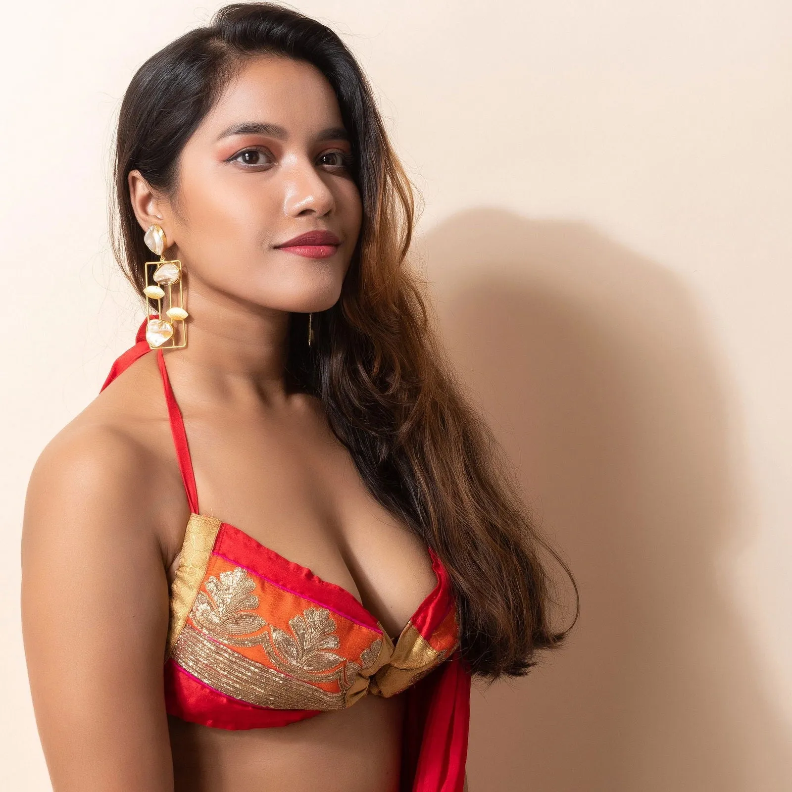 Designer Hand Embroidered Zardousi Work Fabric Backless Halter Neck Bikini Top Blouse - Non Padded