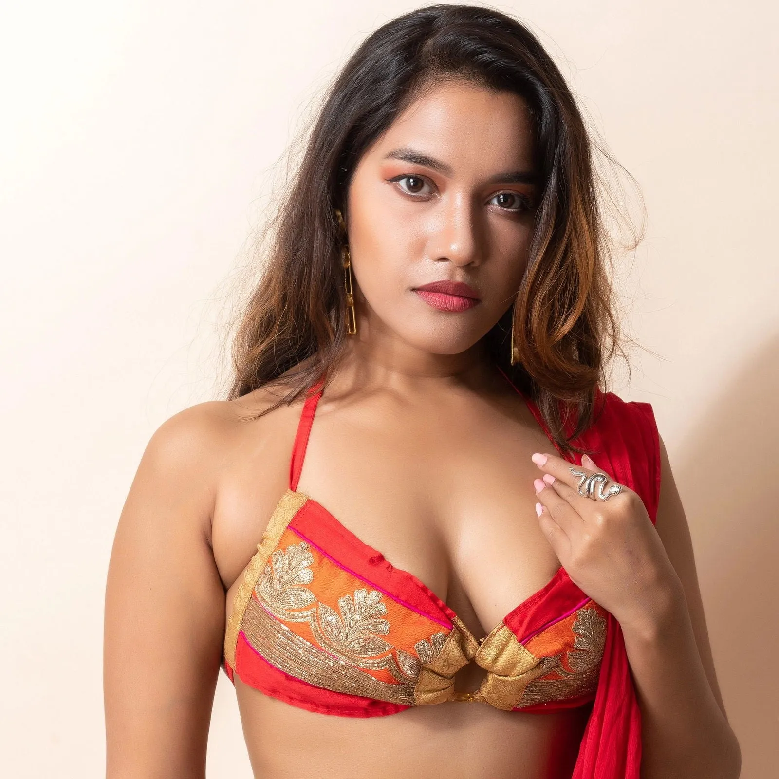 Designer Hand Embroidered Zardousi Work Fabric Backless Halter Neck Bikini Top Blouse - Non Padded