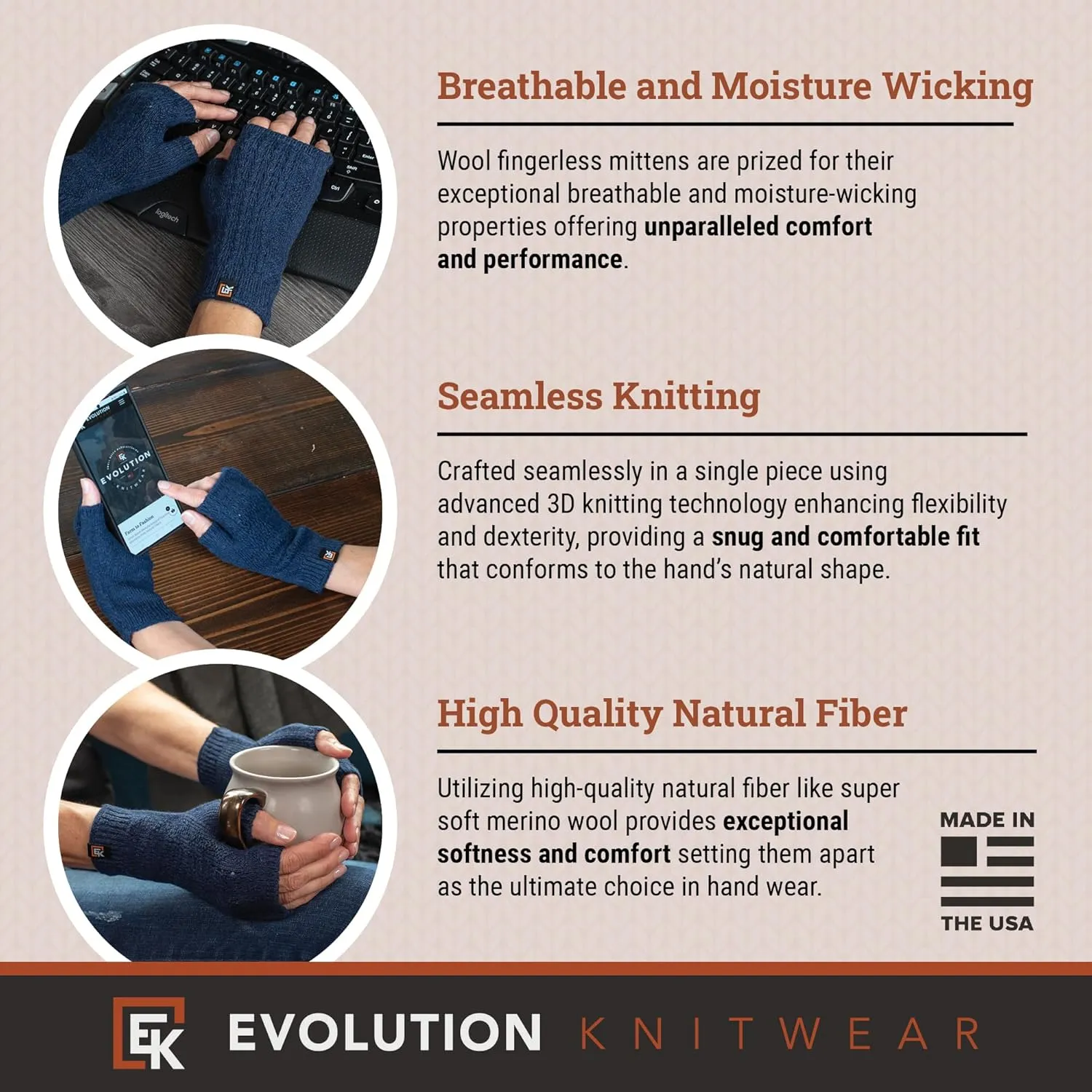 Evolution Knitwear Wool Mesh Knit Fingerless Mittens - Super Soft Merino Wool - Made in the USA
