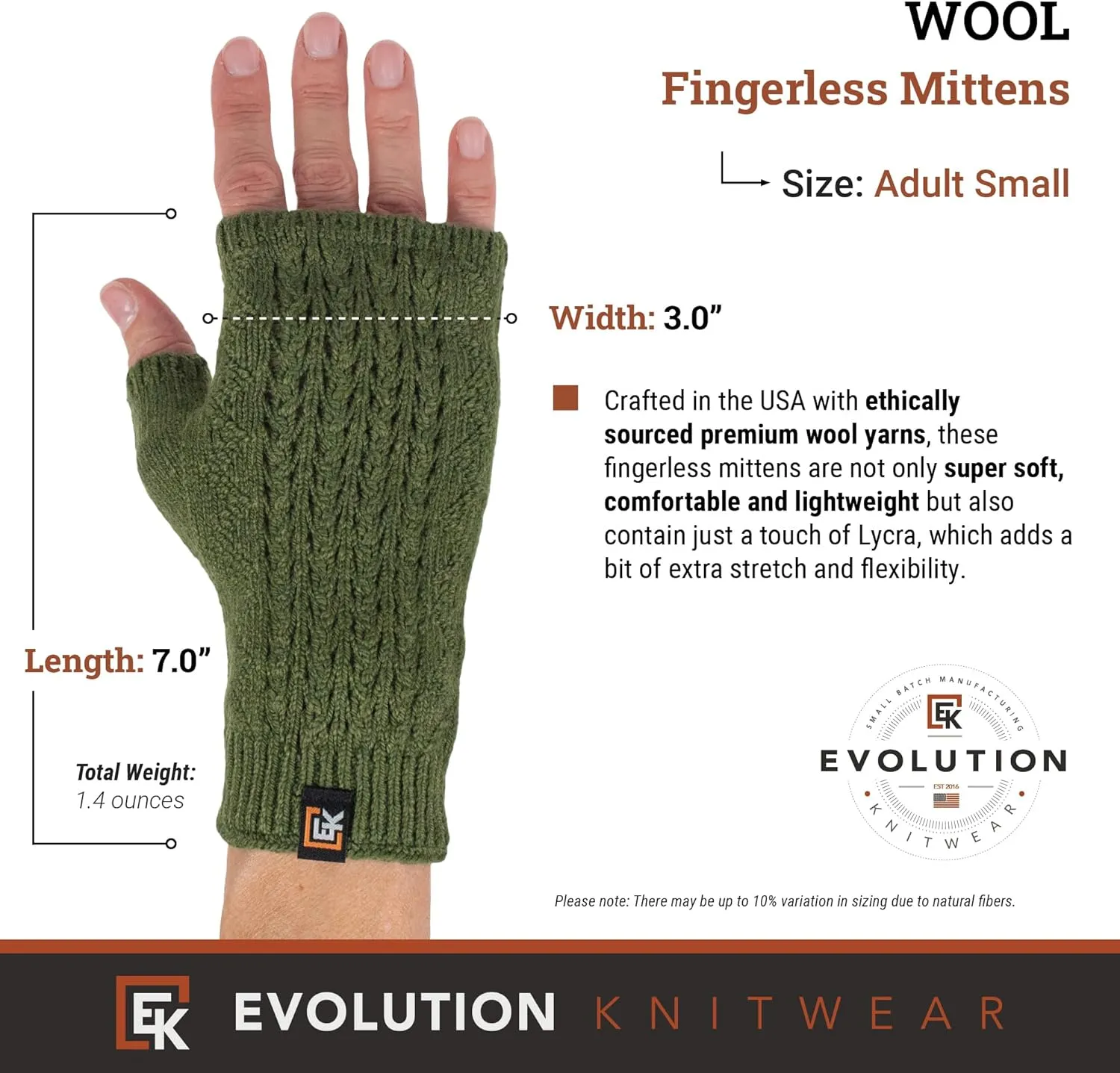 Evolution Knitwear Wool Mesh Knit Fingerless Mittens - Super Soft Merino Wool - Made in the USA