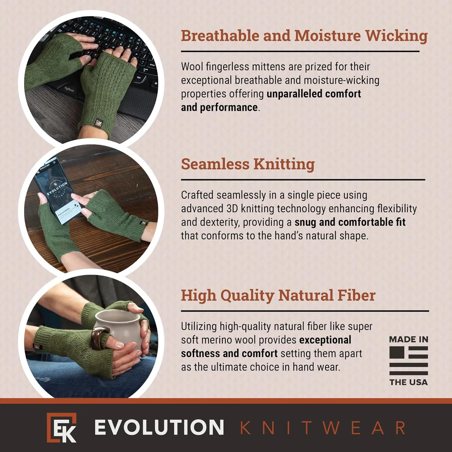 Evolution Knitwear Wool Mesh Knit Fingerless Mittens - Super Soft Merino Wool - Made in the USA
