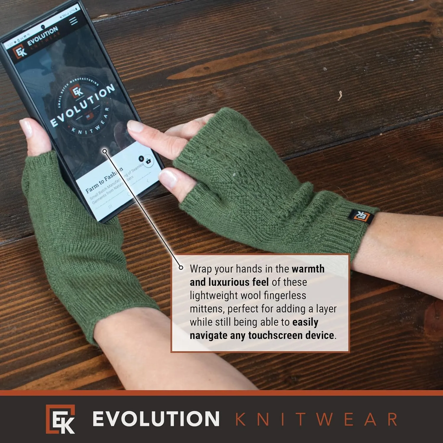 Evolution Knitwear Wool Mesh Knit Fingerless Mittens - Super Soft Merino Wool - Made in the USA