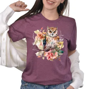 Floral Owl Shirt, Flower Owl T-shirt, Birthday Gift, Owl Tee, Gardener Shirt, Nature Lover Gift, Animal Lover Shirt, Cute Owl Shirt (Adult 2XL, Heather Maroon)