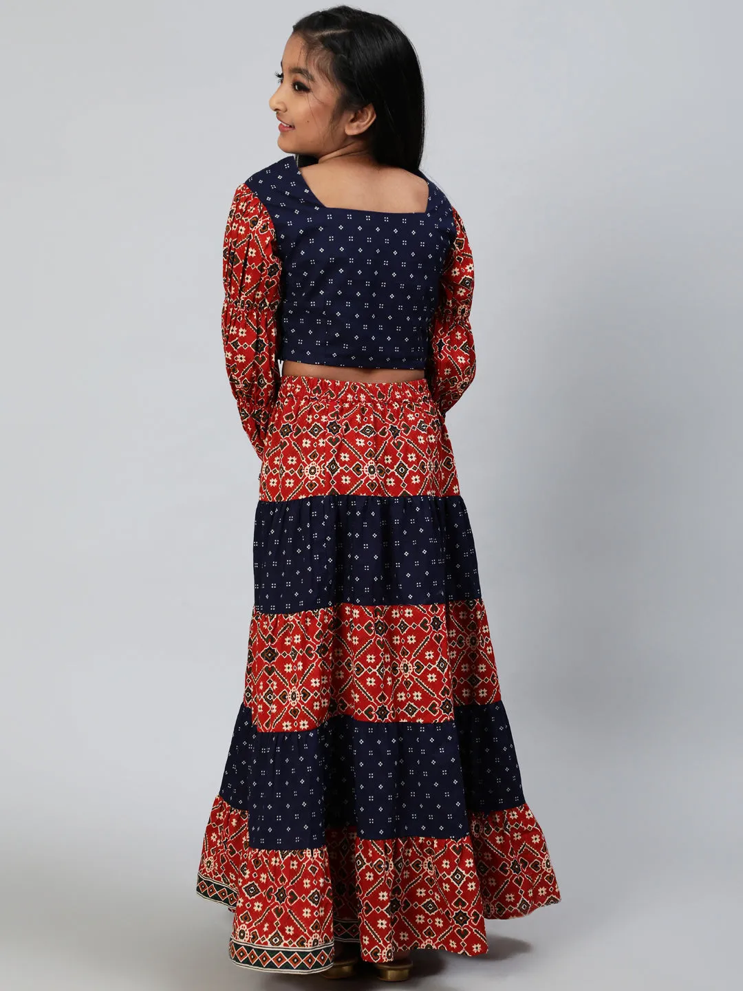 Girl's Maroon & Blue Patola Print Lehenga Choli - Aks Girls