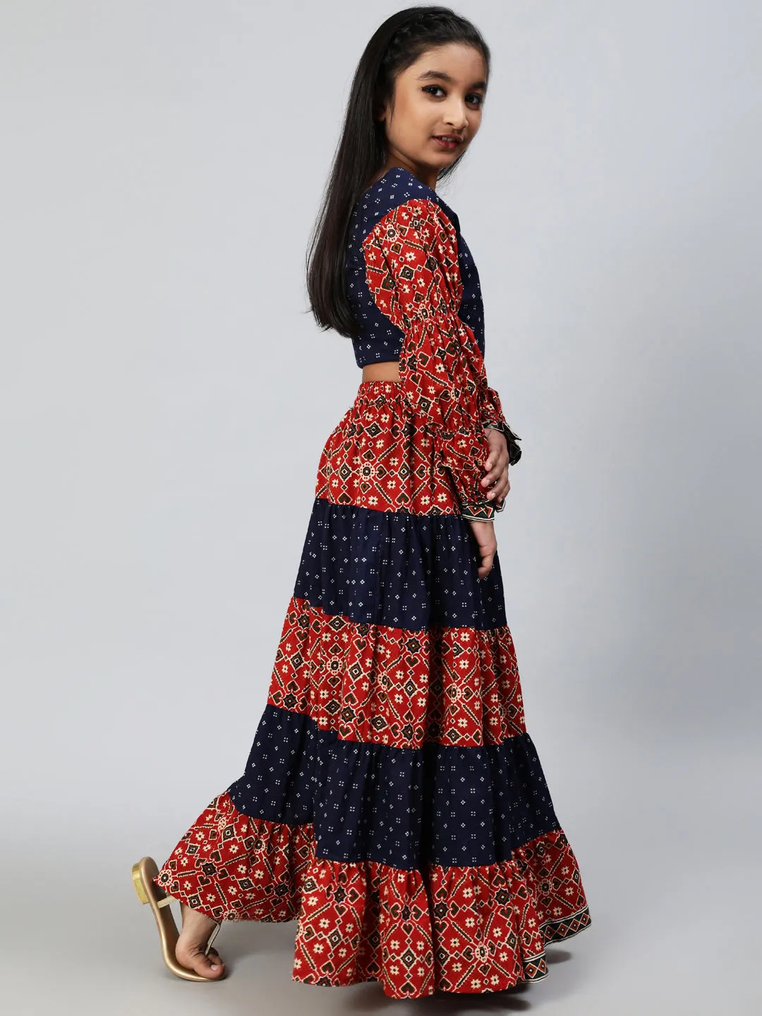 Girl's Maroon & Blue Patola Print Lehenga Choli - Aks Girls