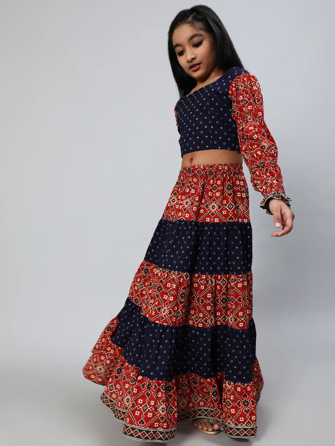 Girl's Maroon & Blue Patola Print Lehenga Choli - Aks Girls