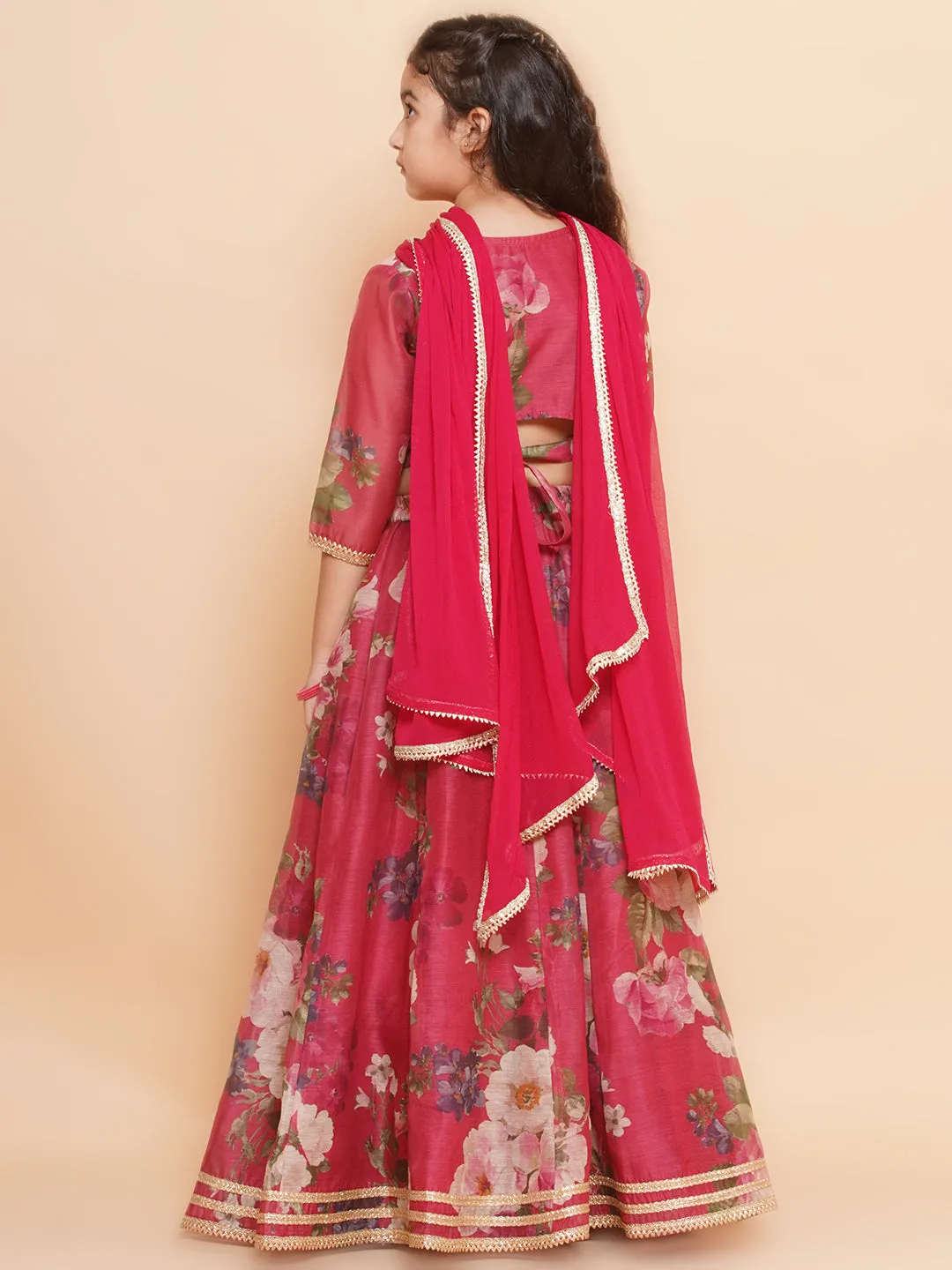 Girls Maroon Floral Printed Ready to Wear Lehenga & Blouse With Dupatta