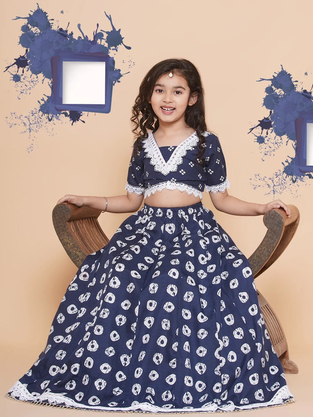 Girls Navy Blue Bandhani Printed Lace Work Lehenga Choli.