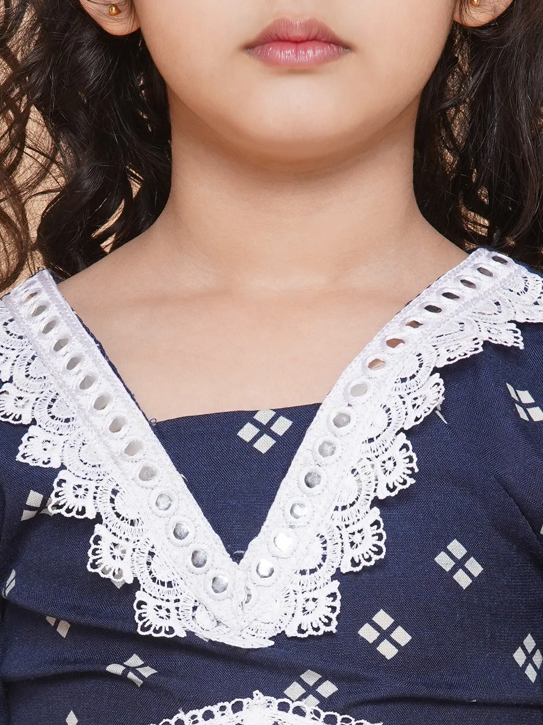 Girls Navy Blue Bandhani Printed Lace Work Lehenga Choli.