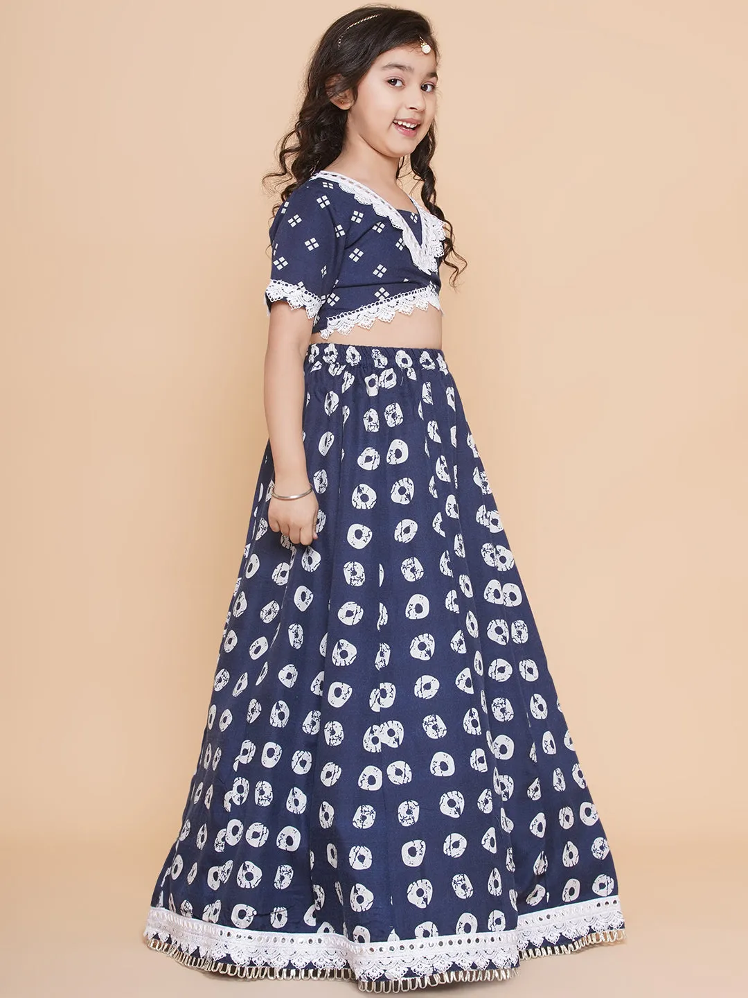 Girls Navy Blue Bandhani Printed Lace Work Lehenga Choli.
