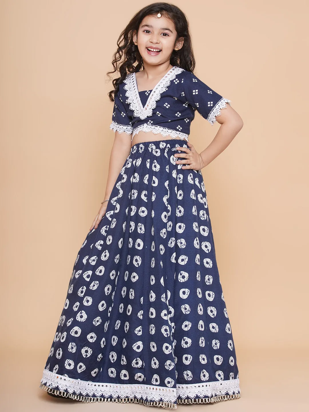 Girls Navy Blue Bandhani Printed Lace Work Lehenga Choli.